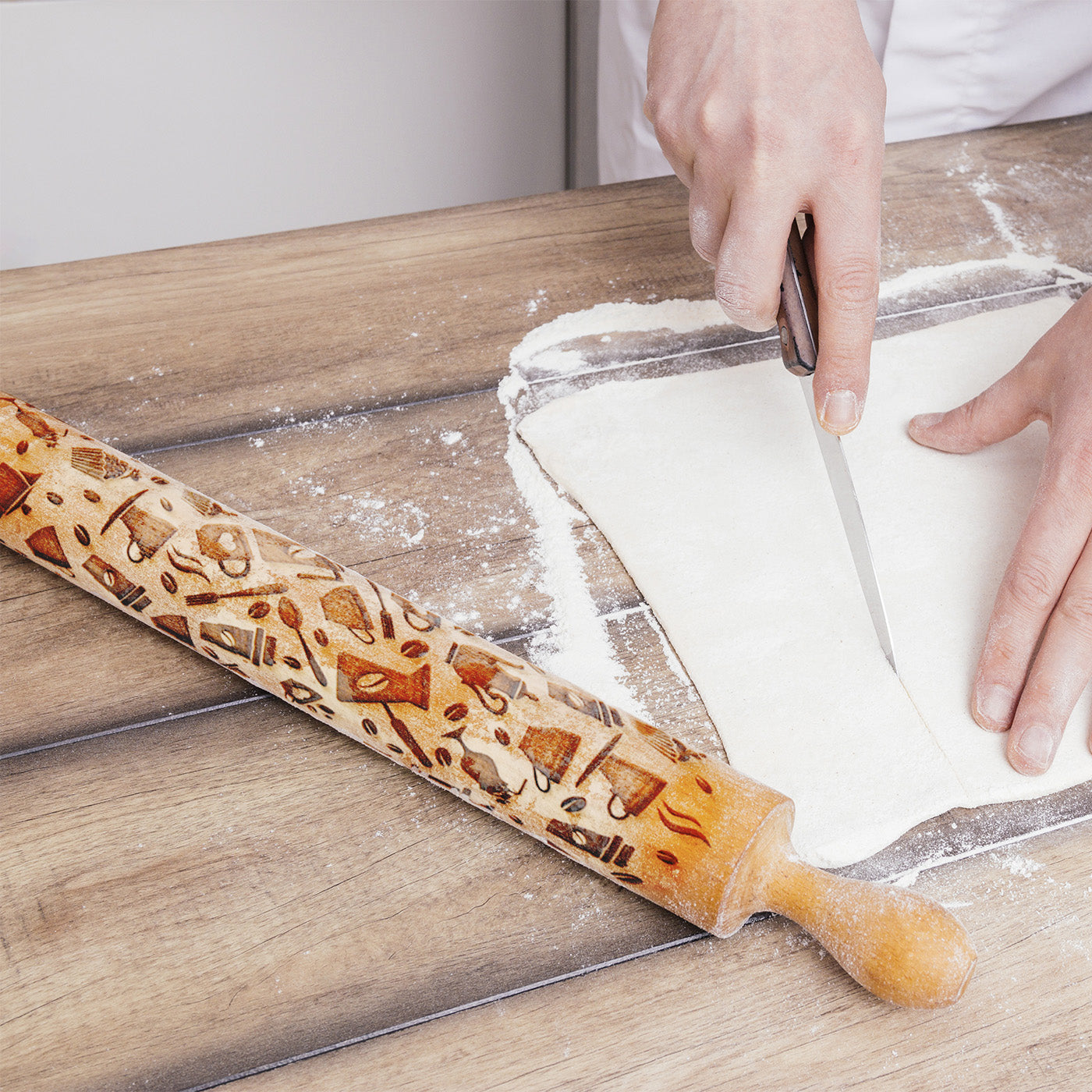 Wooden Rolling Pin Coffee Themed Pattern Engraving