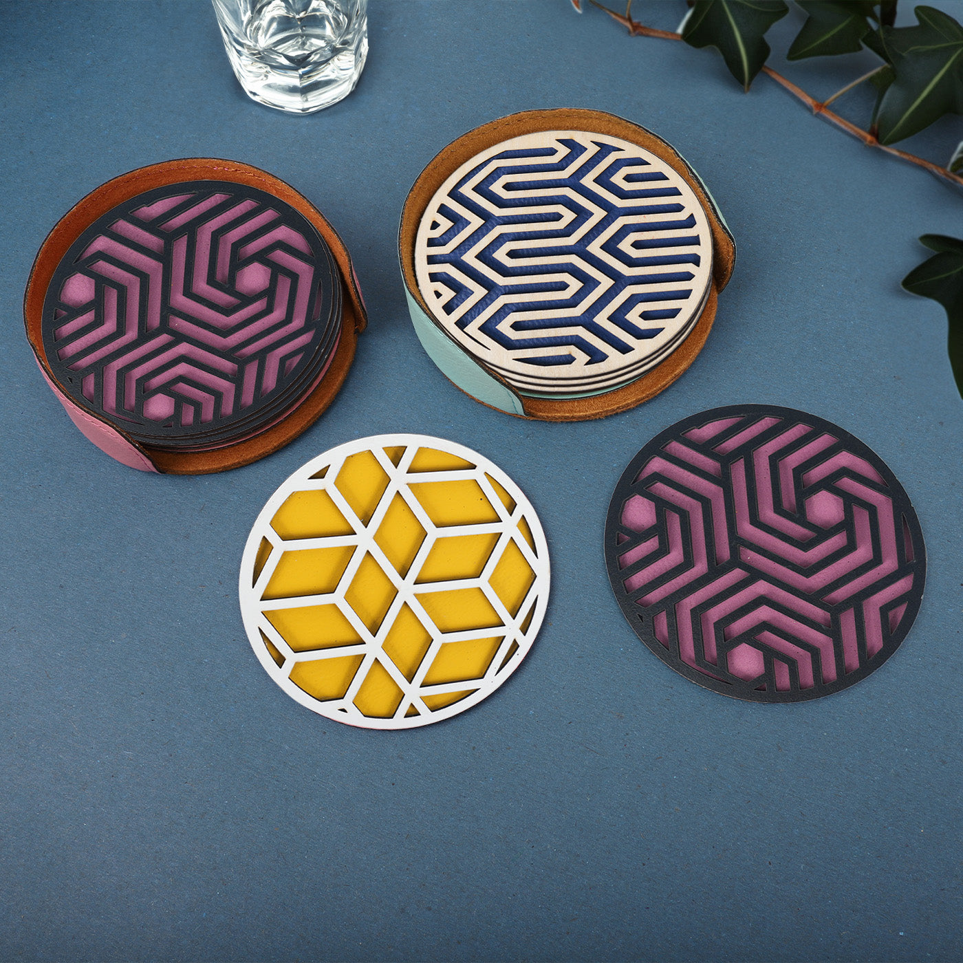 Leather and wood geometric coasters