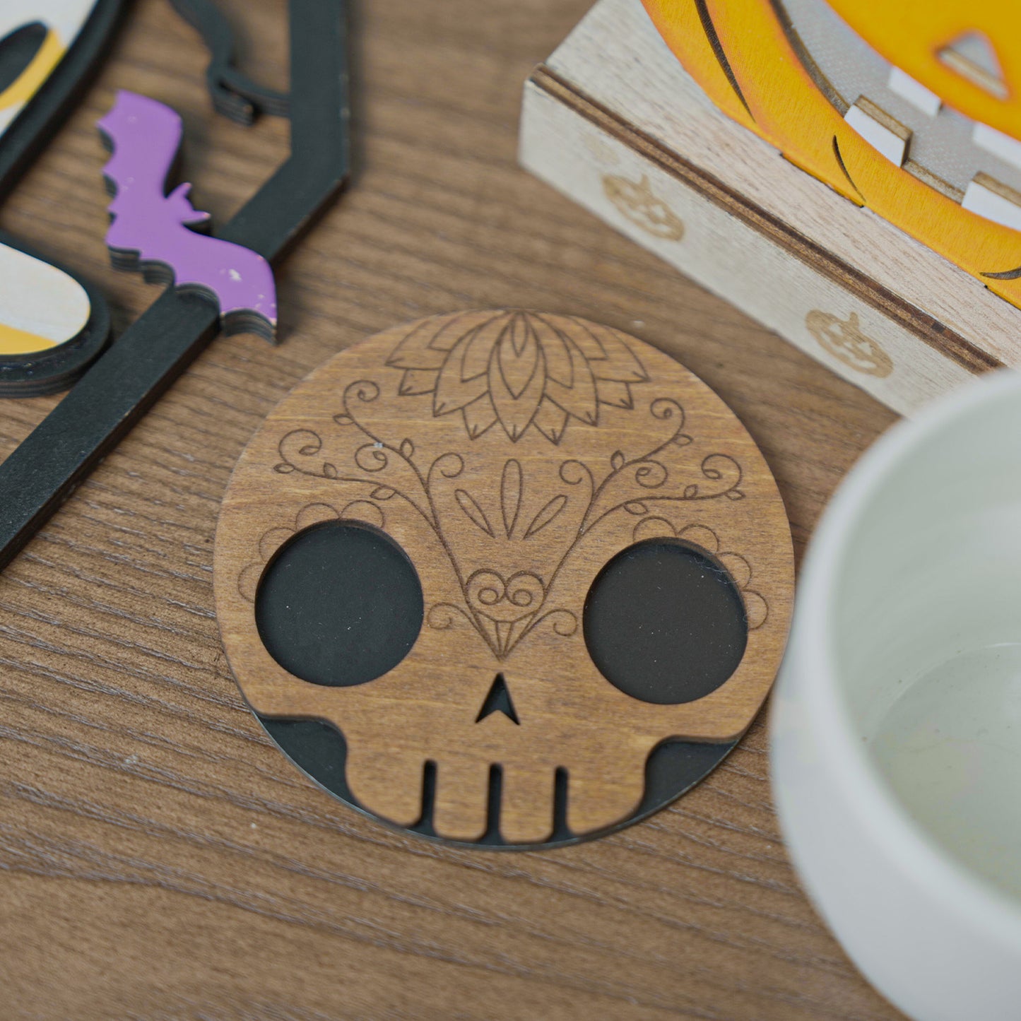 Wooden Halloween Skull Coaster