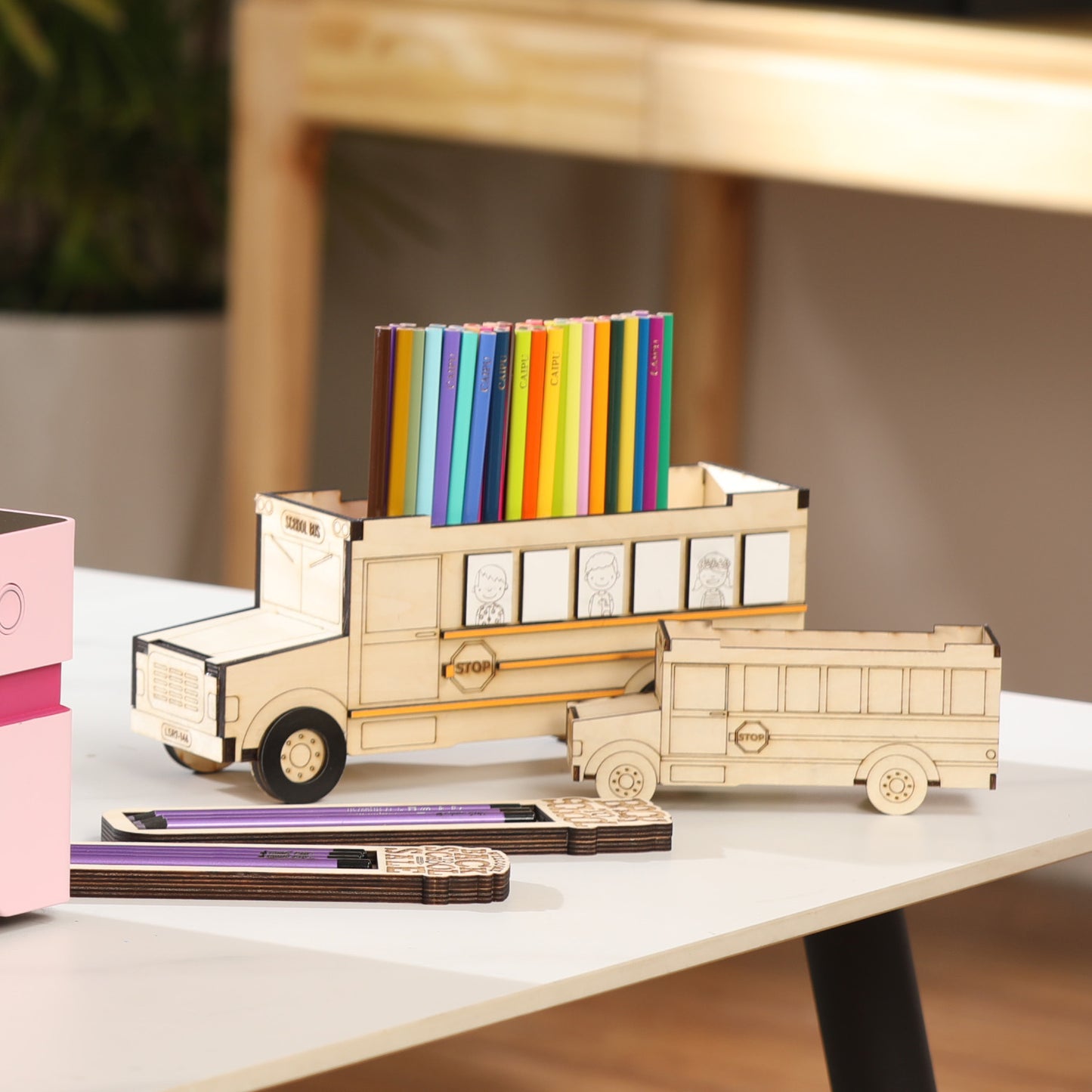 School bus pencil holder storage