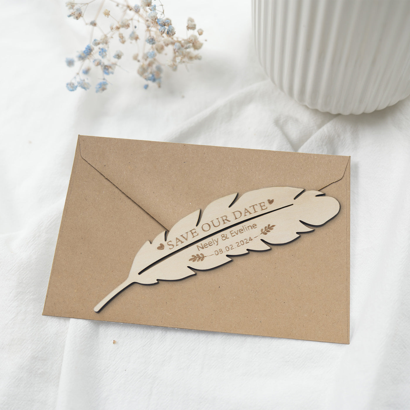 Wooden Feather Save the Date Card
