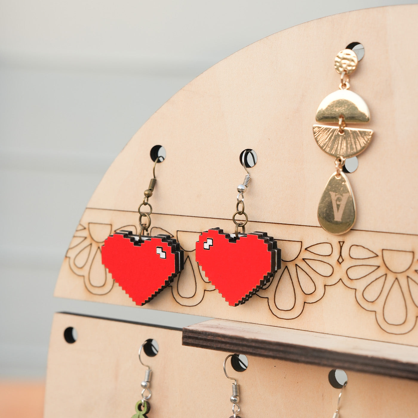 Wooden Heart Pixel Earrings
