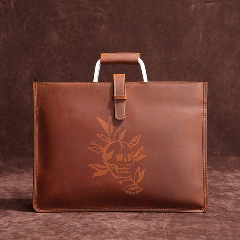 Engraved Leather Briefcase 01 - Skull