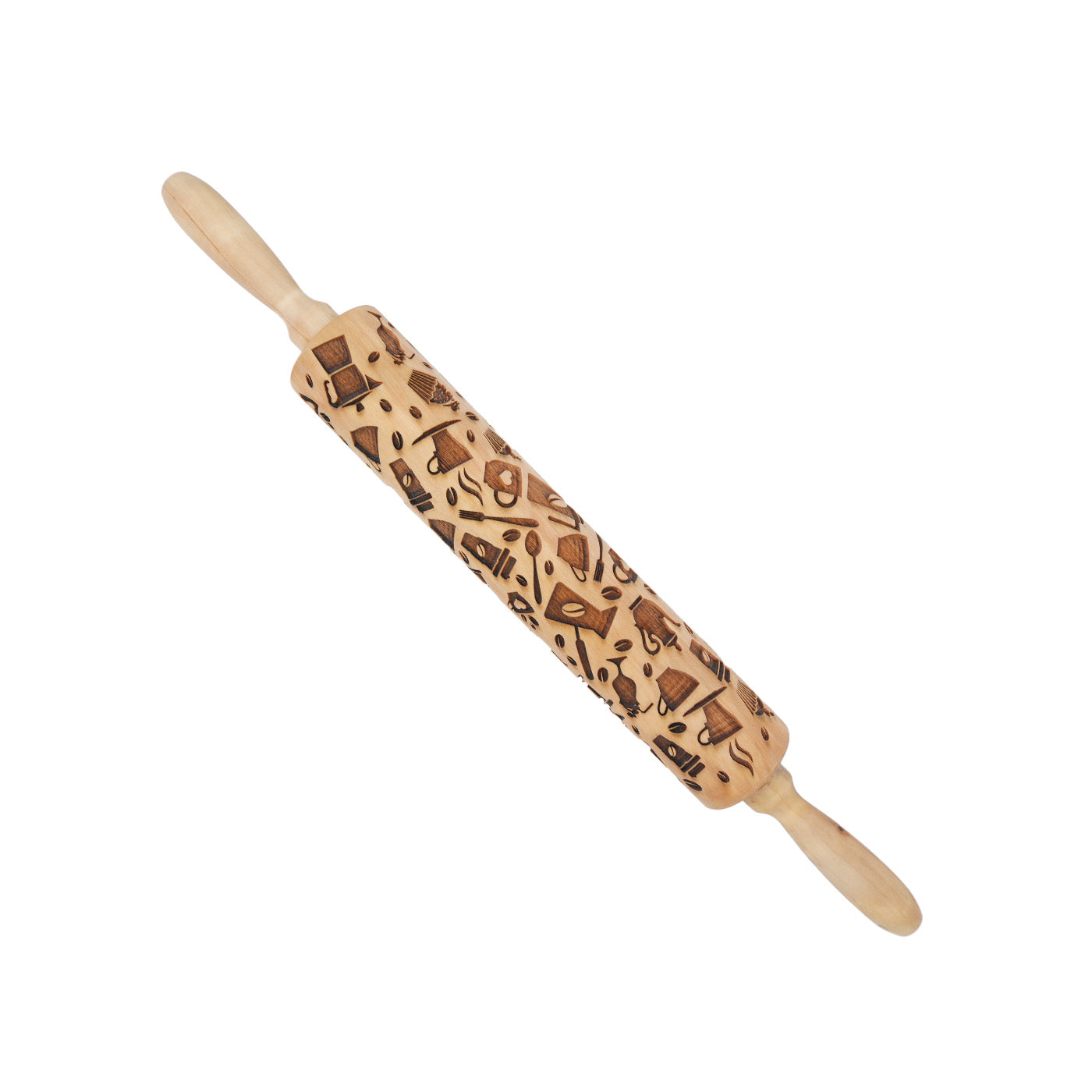 Wooden Rolling Pin Coffee Themed Pattern Engraving