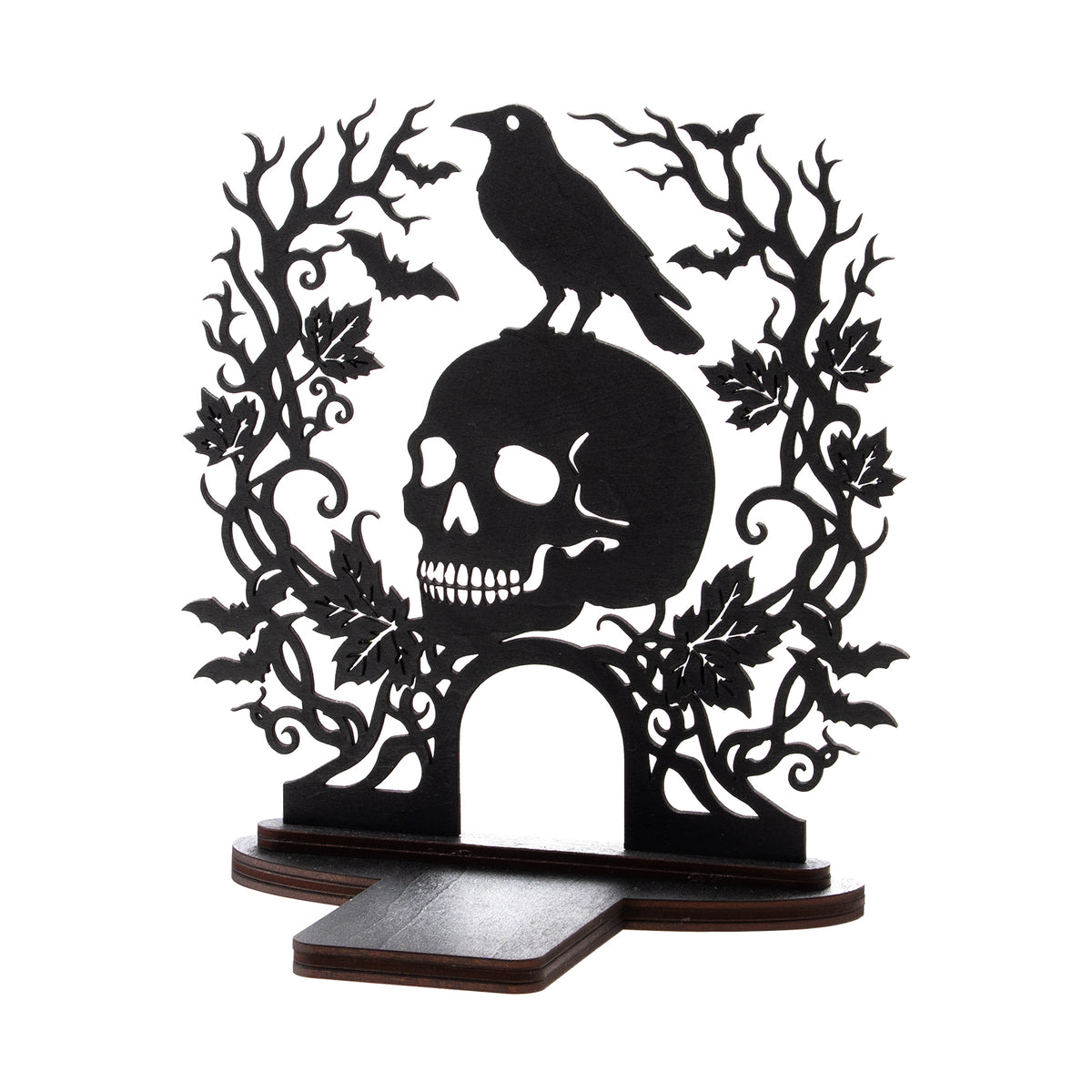 Halloween Raven Skeleton Wooden Candle Holder