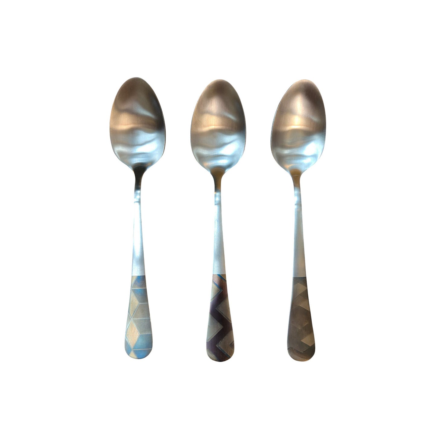 Iron spoon handle with colorful geometric pattern engraving