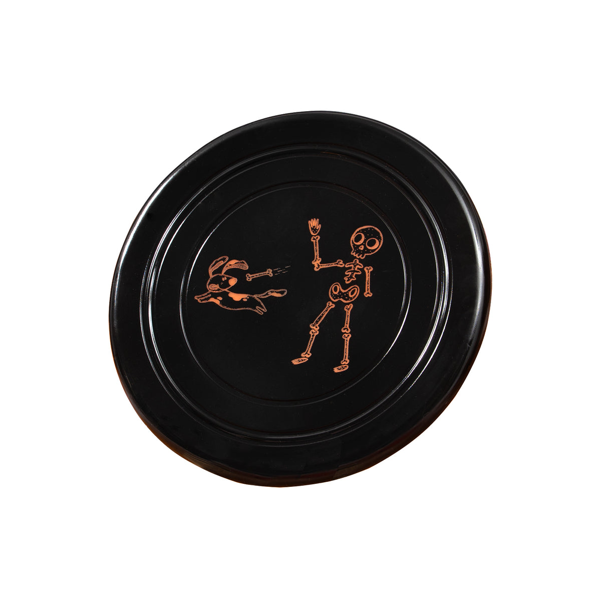 Halloween Skeleton Throwing a Bone Frisbee engraving