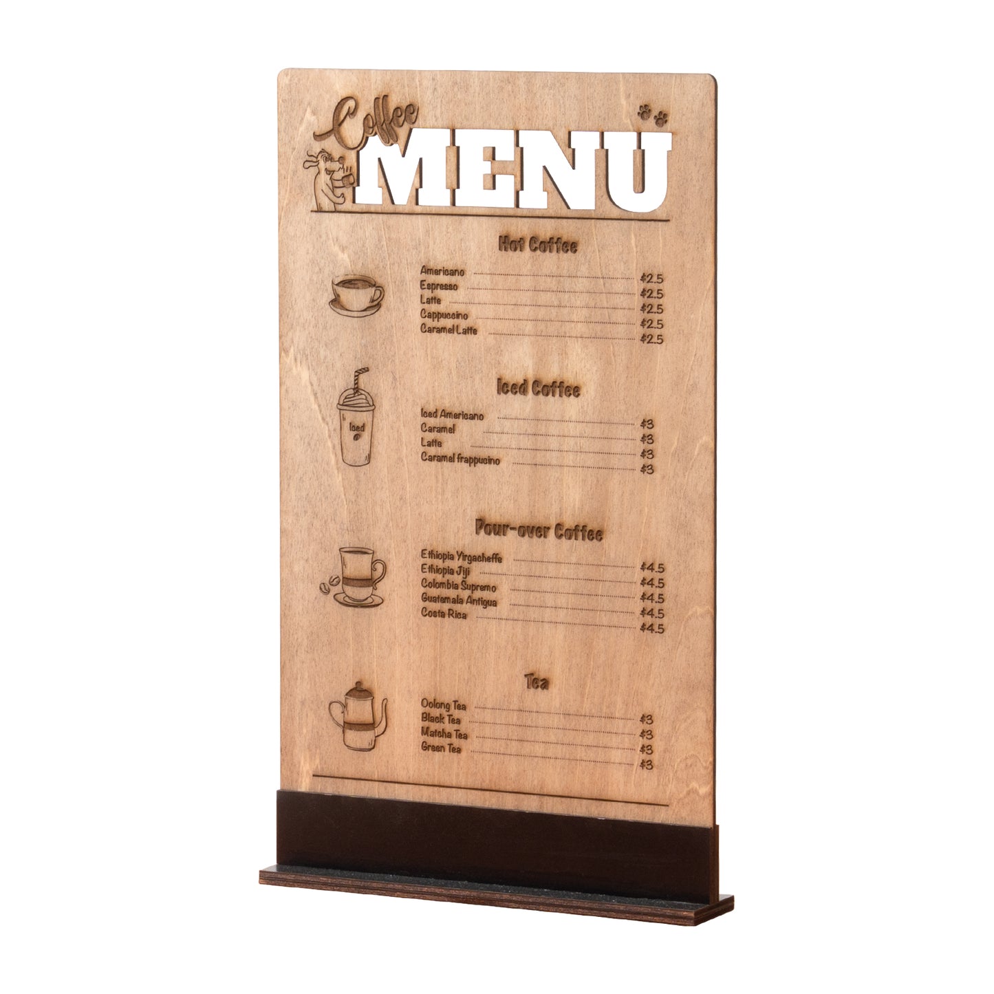 Wooden tabletop coffee menu sign