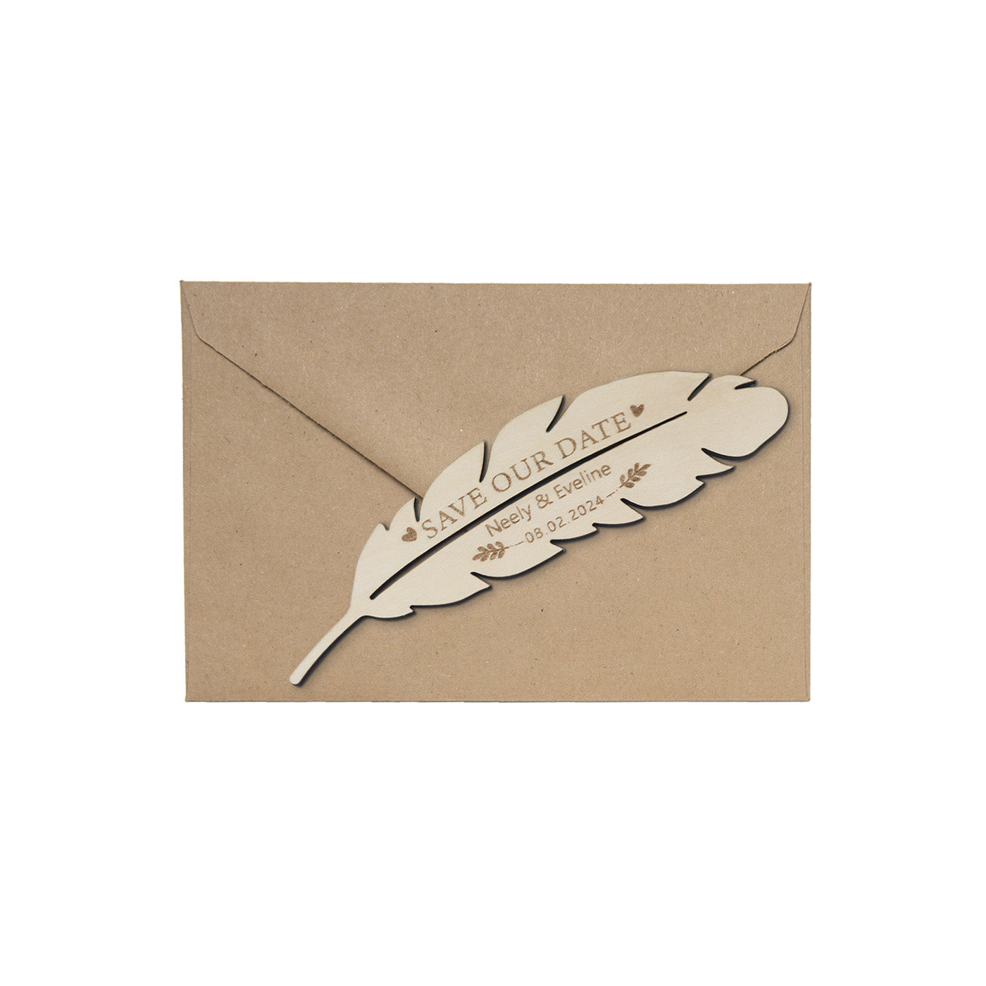 Wooden Feather Save the Date Card