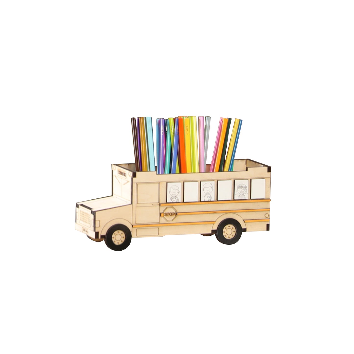 School bus pencil holder storage