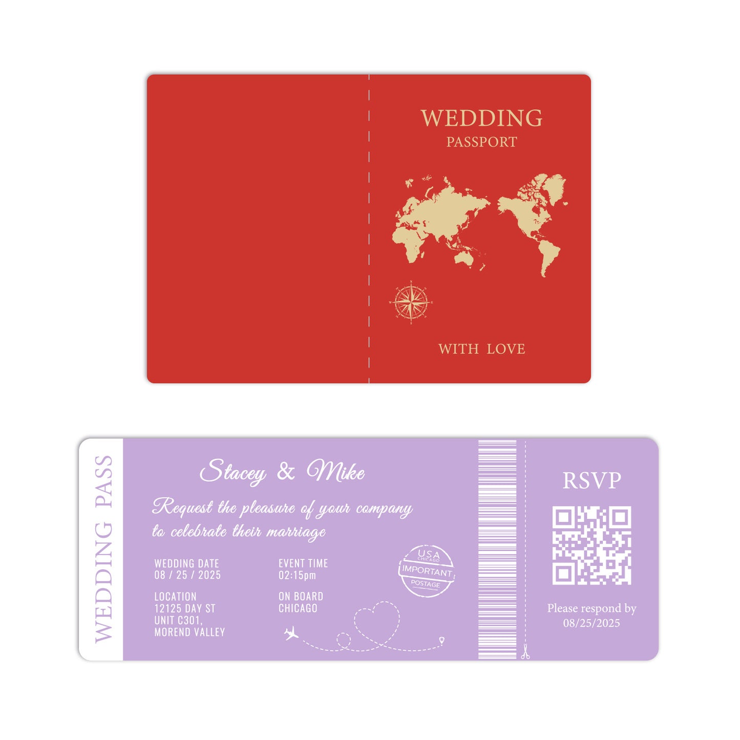 Paper airplane plane ticket passport wedding invitation