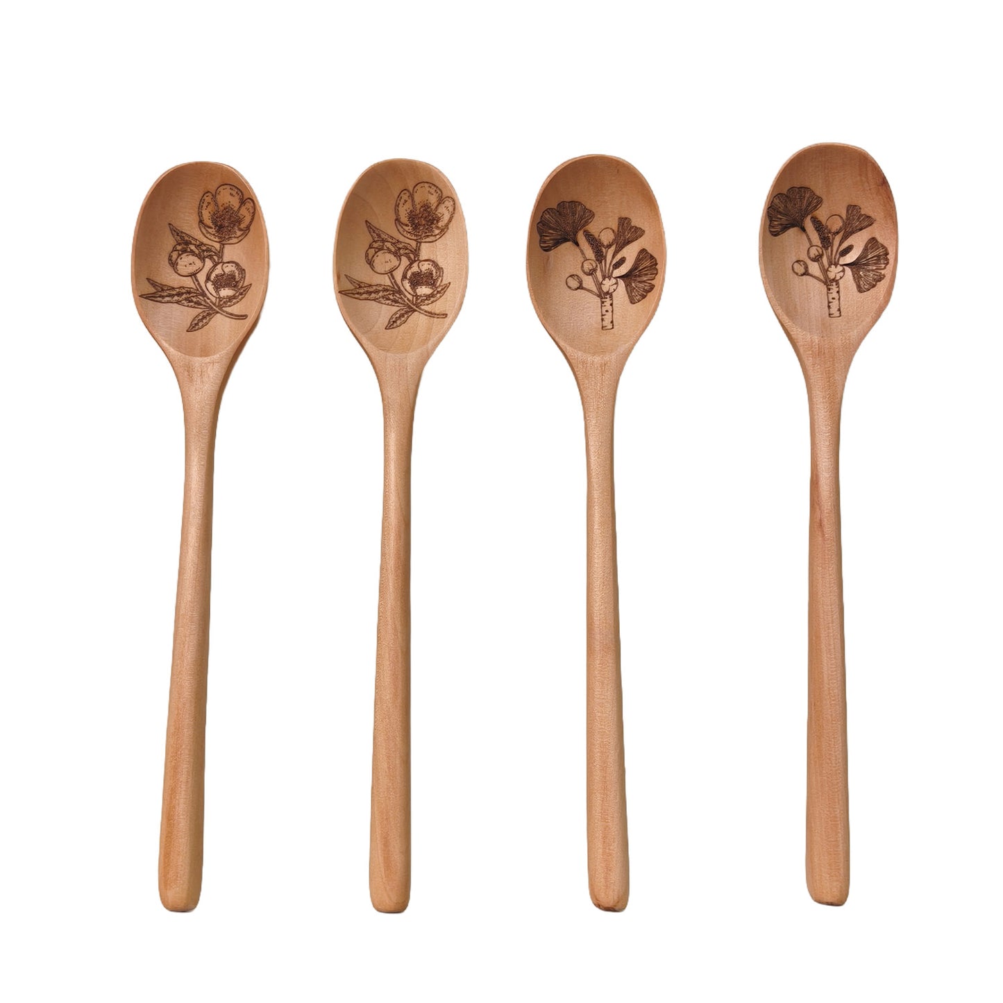 Wooden spoon with plant pattern engraving