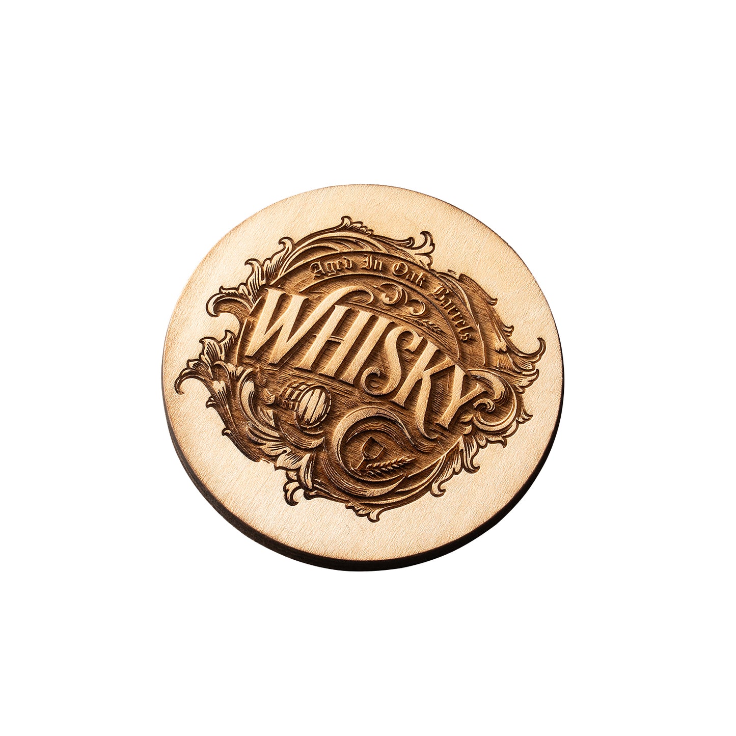 Engraved wooden whiskey coaster