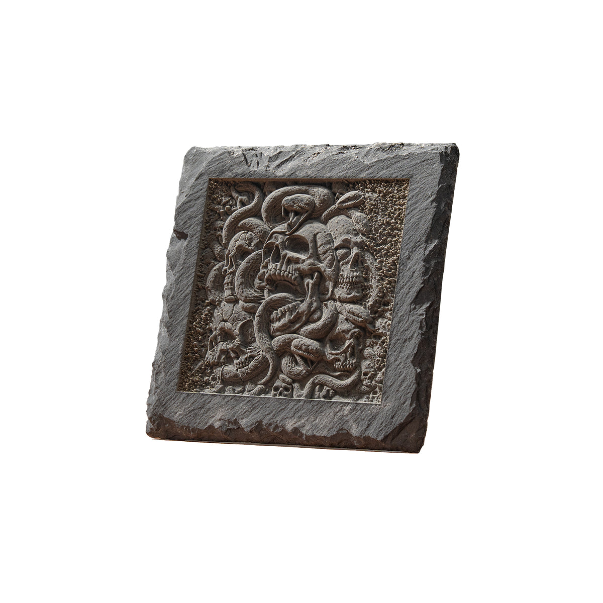 Gothic Skull and Serpent Slate Stone Coaster Relief engraving