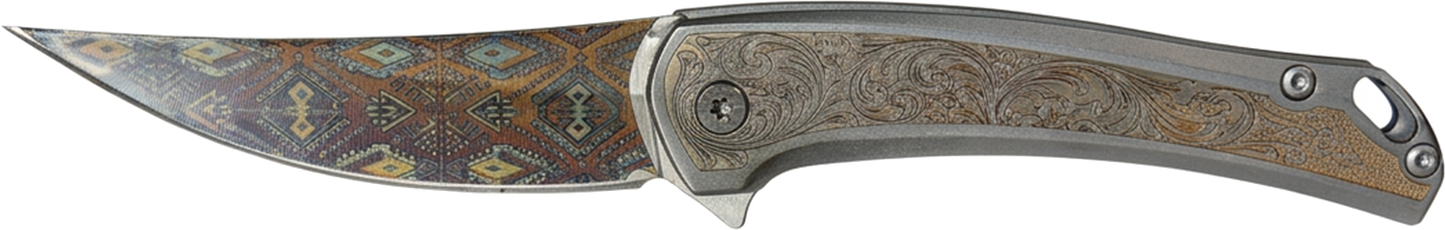 Engraved Titanium Pattern Blade Folding Knife