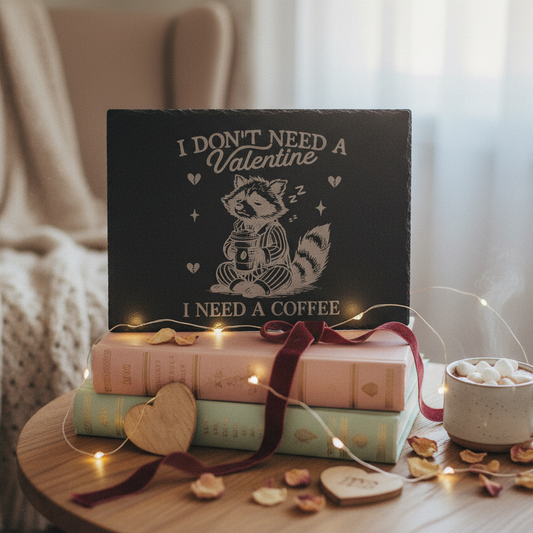 Valentine's Day Raccoon Coffee Stone Slate Engraving