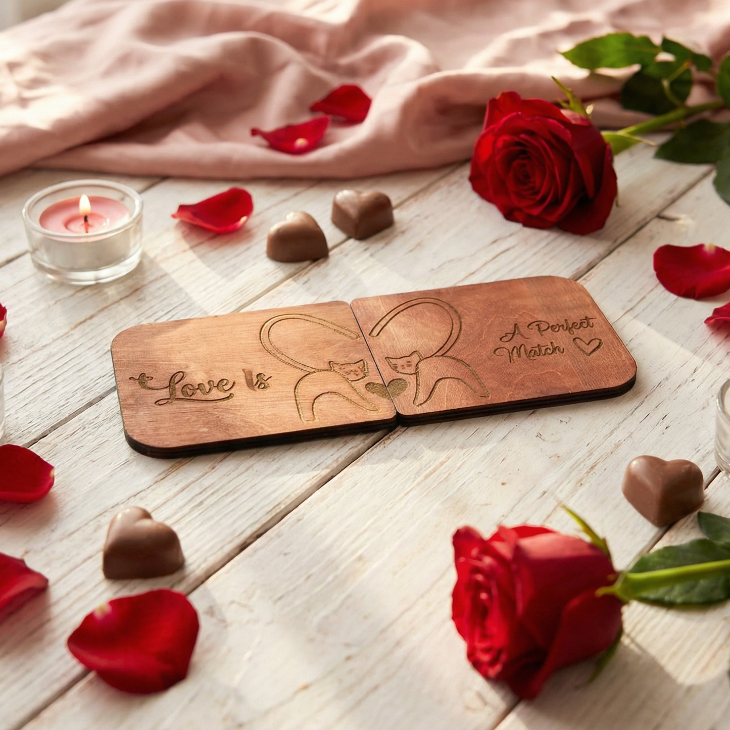 Valentine's Day Cat Love Wooden Coasters