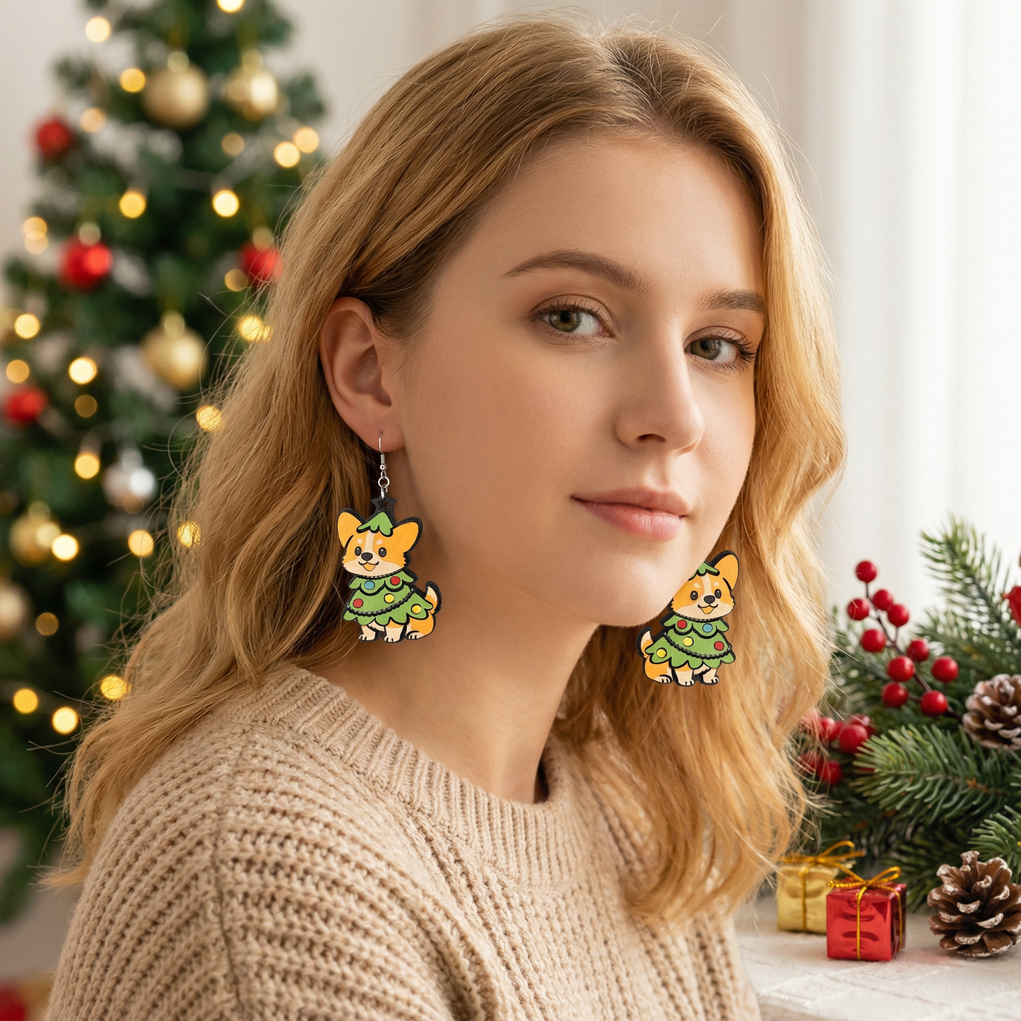 Christmas themed wooden Corgi earrings