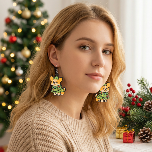 Christmas themed wooden Corgi earrings