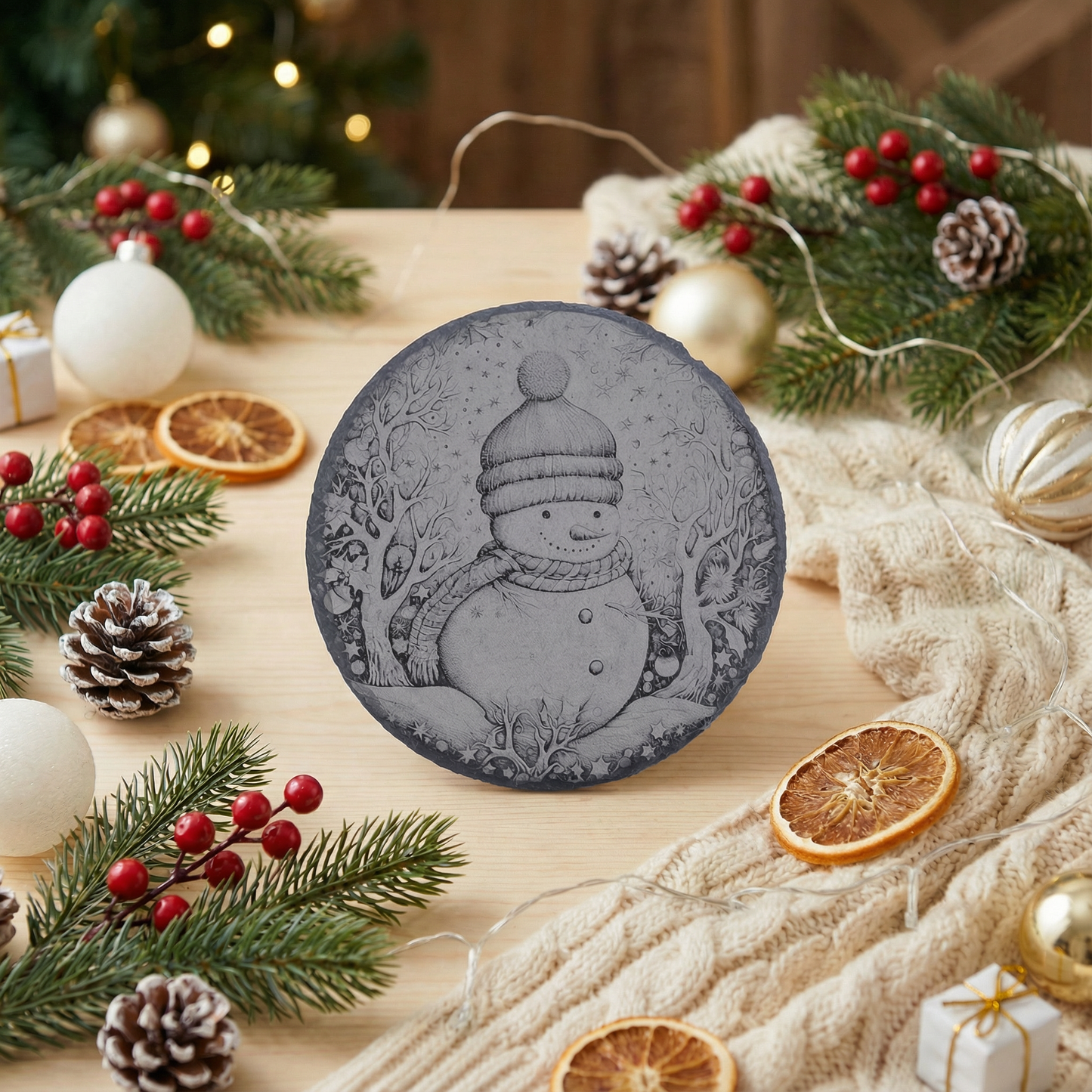 Christmas Themed Snowman Stone Slate Coaster Engraving