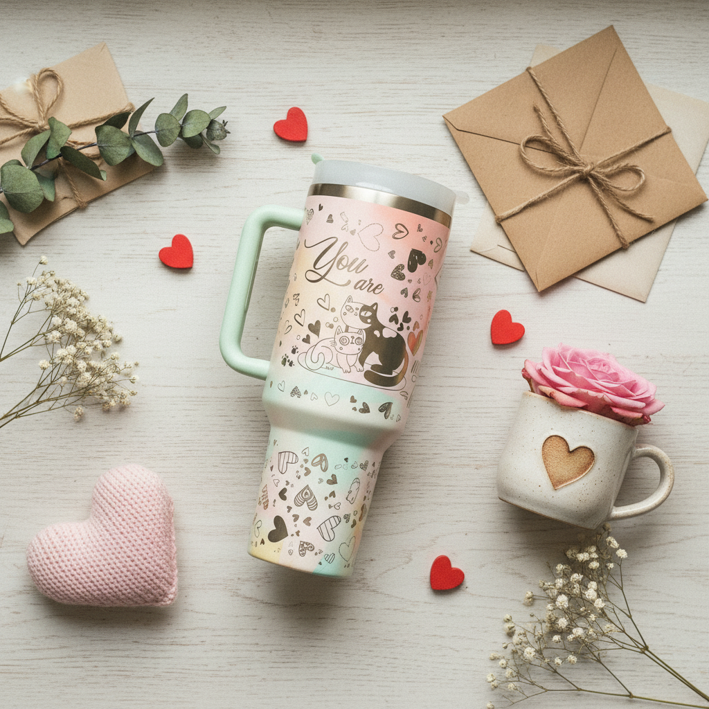 Valentine's Day Cat Themed Stanley Tumbler Engraving