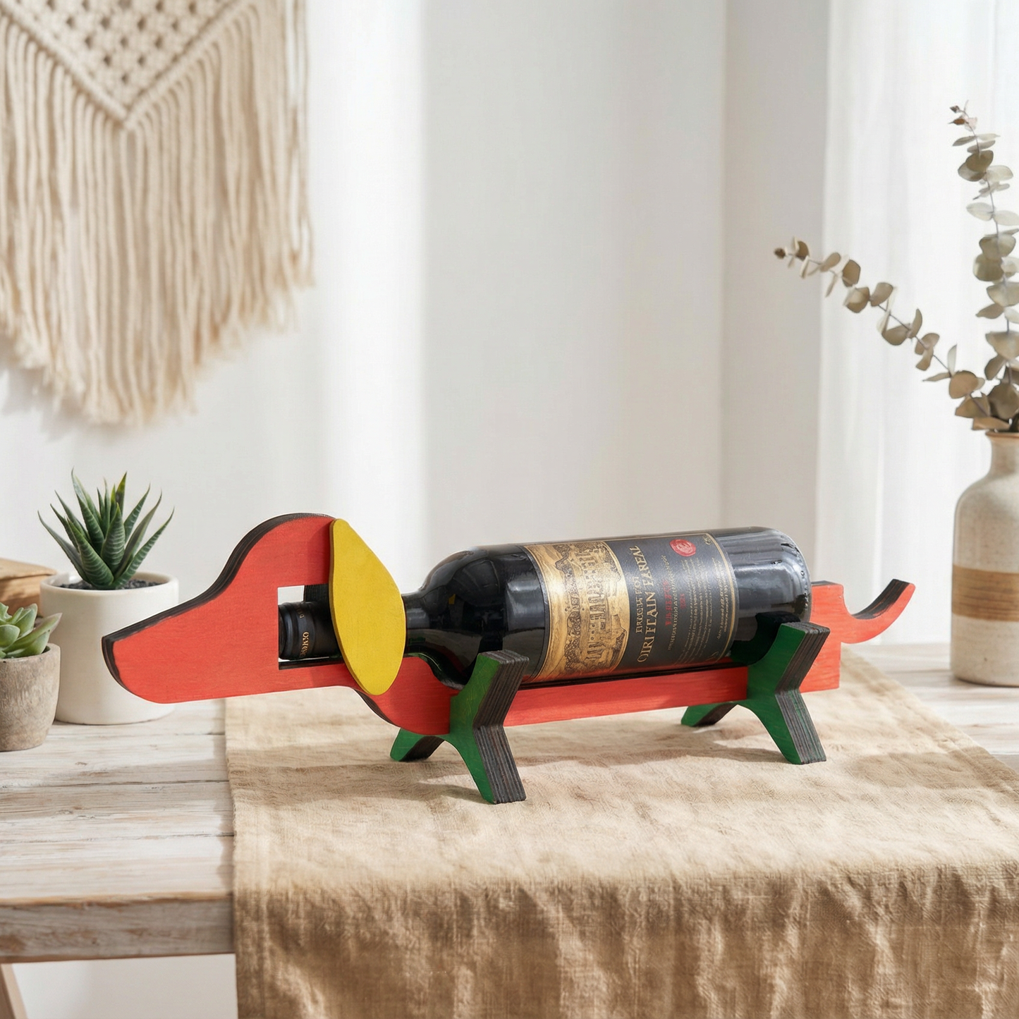 Dachshund-shaped wooden wine rack