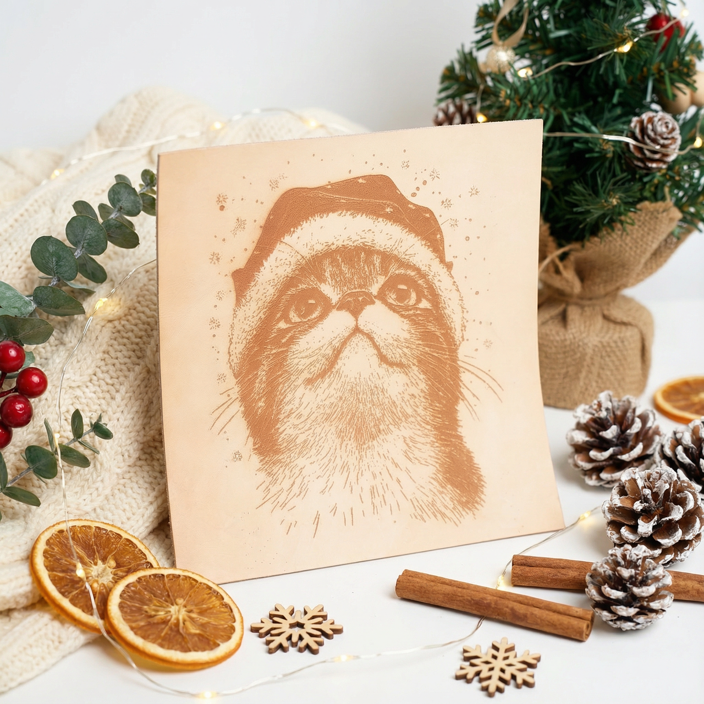 Christmas Cat Leather Carving