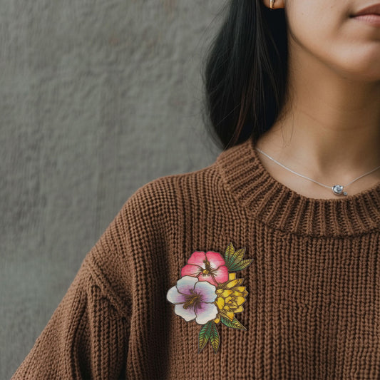 Flower and butterfly wooden brooch