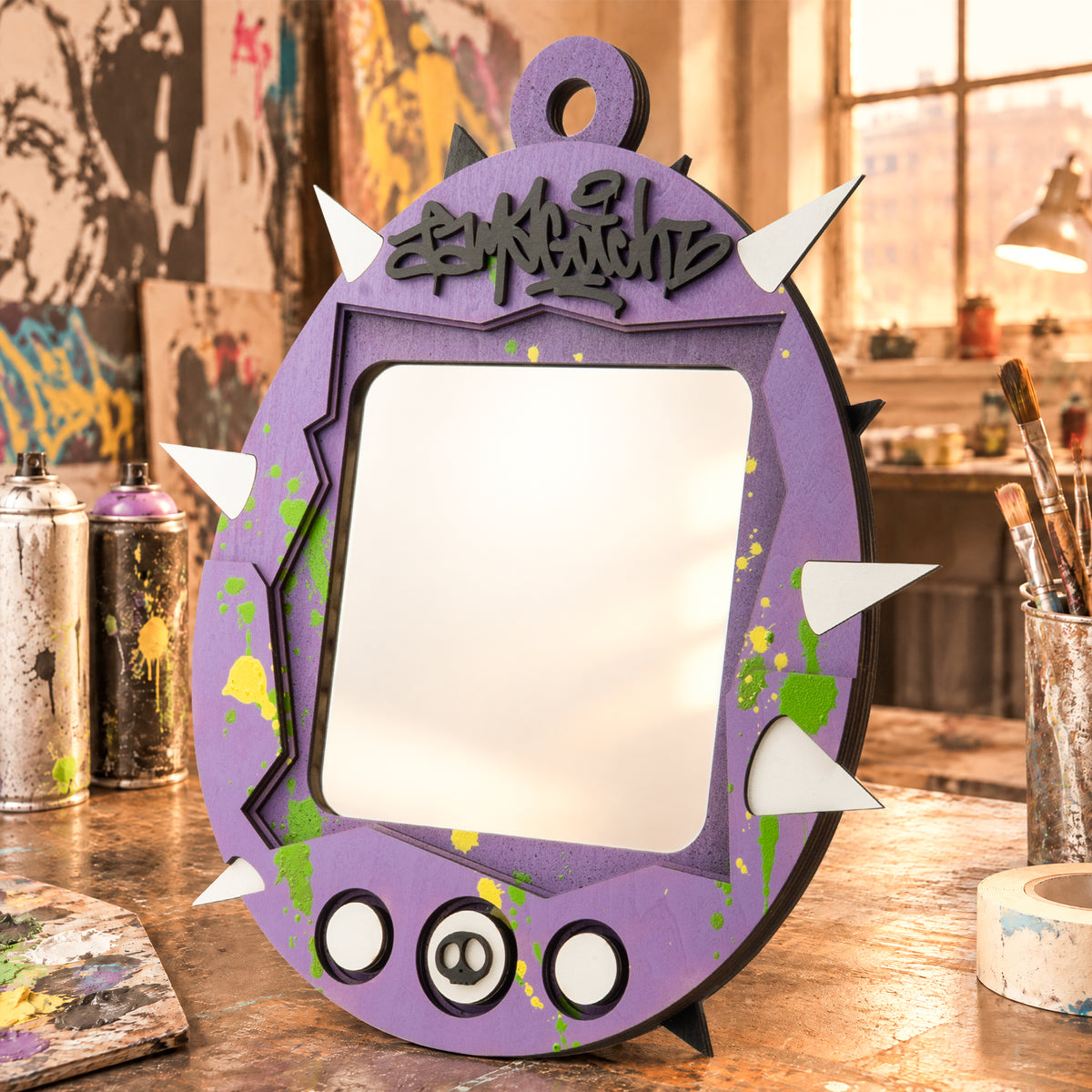 Graffiti-style Tamagotchi art hanging mirror