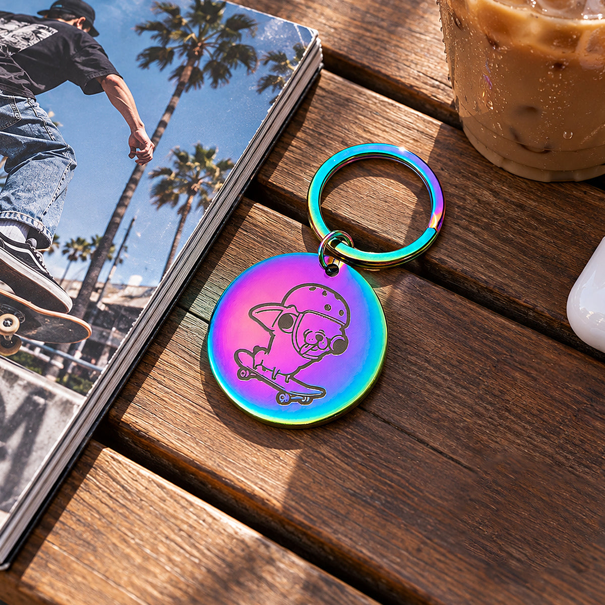 Dog on Skateboard Keychain Color Engraving