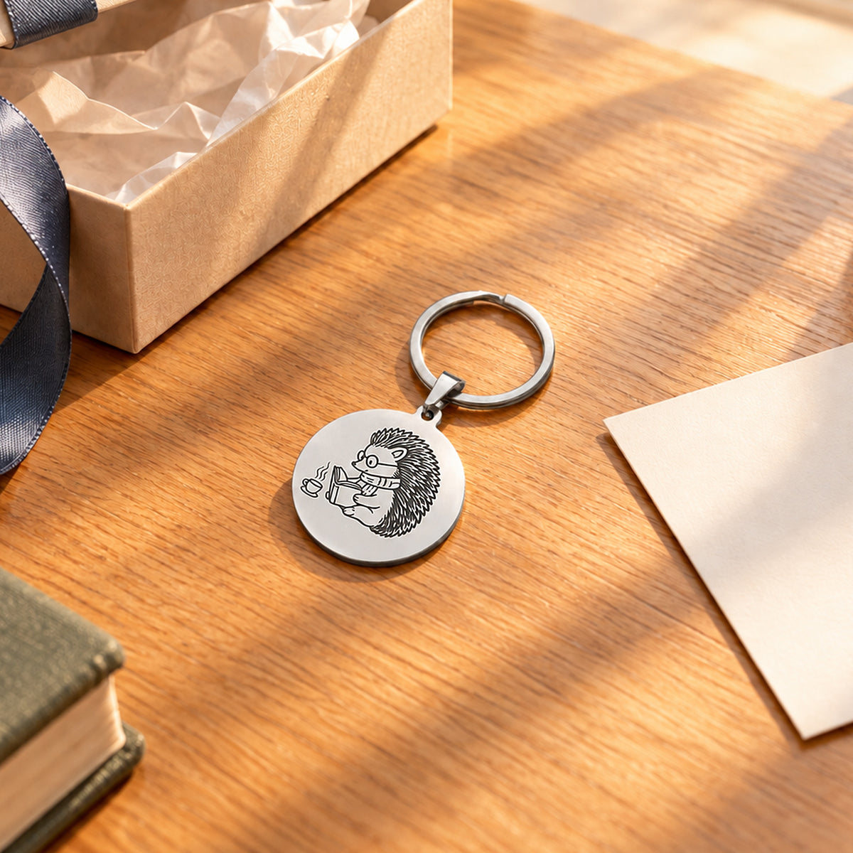 Reading Hedgehog Bookworm Metal Keychain Engraving
