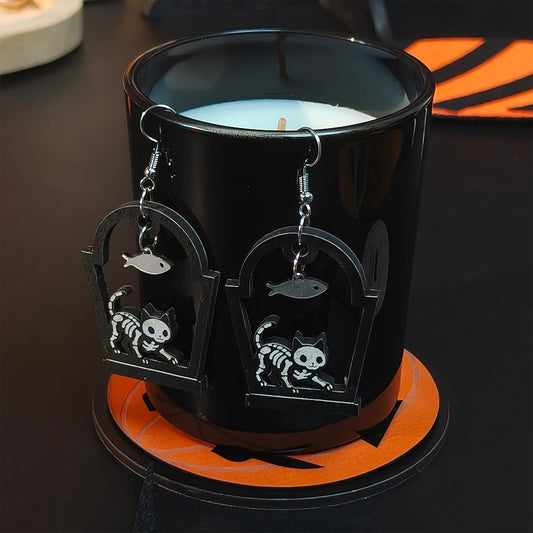 Acrylic Wooden Halloween Cat Skull Earrings