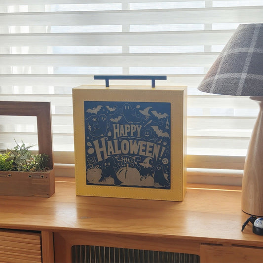 Wooden leather box engraved with Halloween motifs