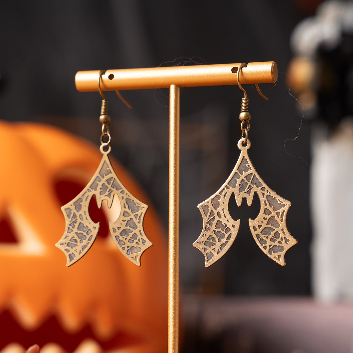 Brass Bat Earrings with Thorn Pattern