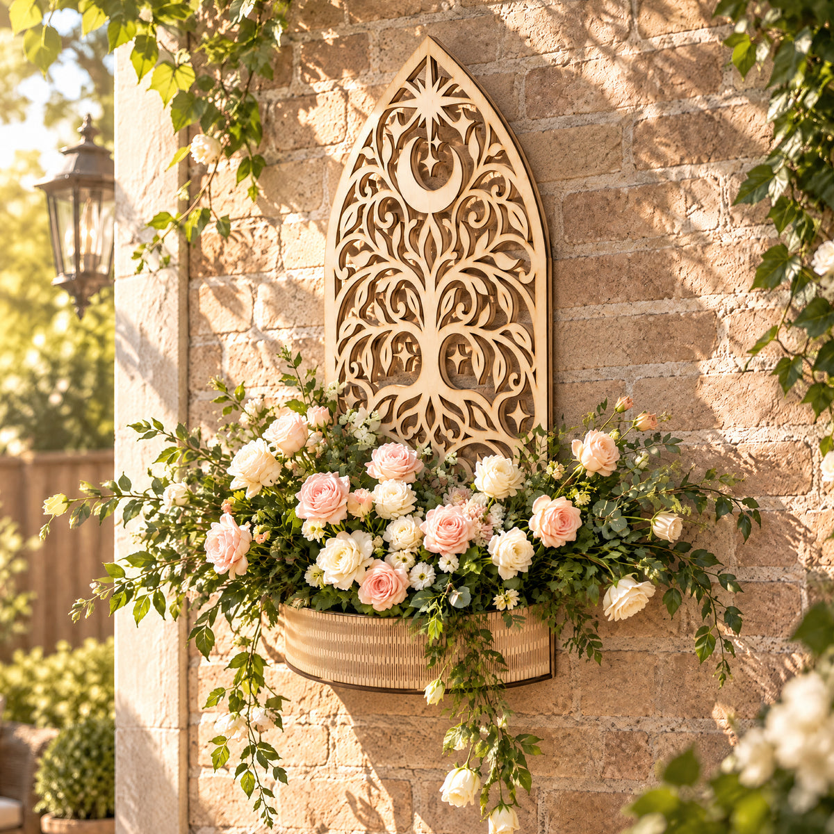 Star and Moon Wooden Flower Basket Wall Decor