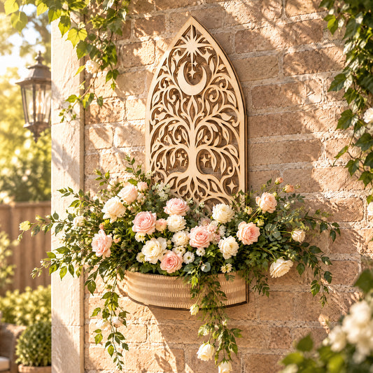 Star and Moon Wooden Flower Basket Wall Decor