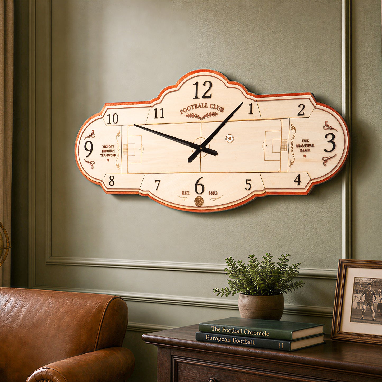 Large wooden soccer-themed clock