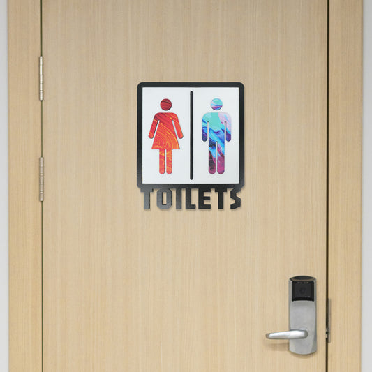 Patterned wooden toilet sign