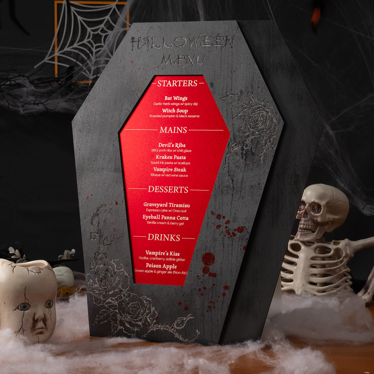 Halloween Blood-Splattered Rose Coffin Menu
