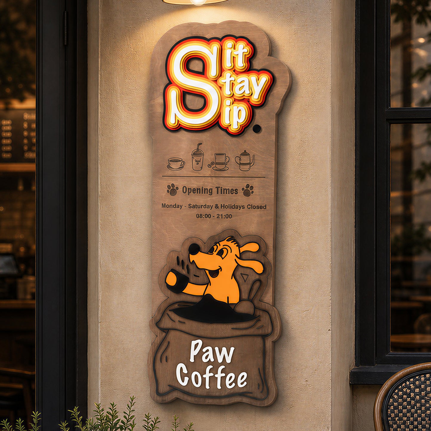 Wooden café business hours sign