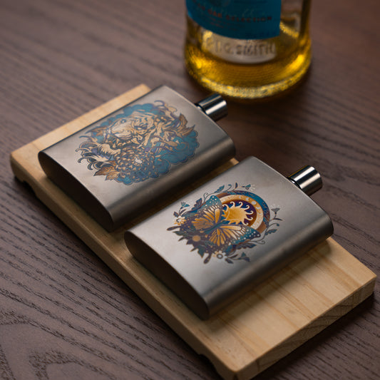 Butterfly Titanium Whisky Flask Color Engraving