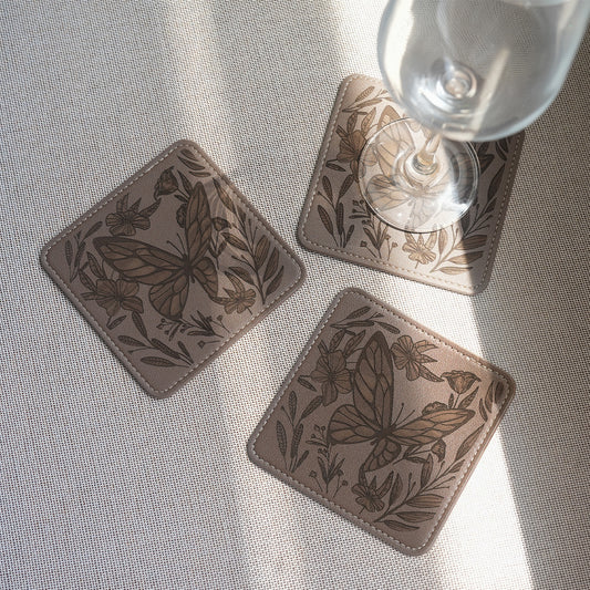 Butterfly Engraving Leather Coaster