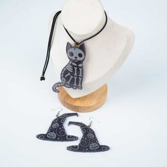 Witch and Cat Earring Necklace Combo