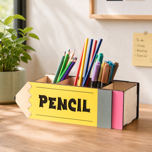 Pencil-shaped wooden pen holder