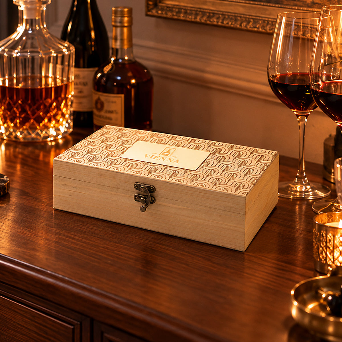 Wooden wine gift box engraving with brass inlay