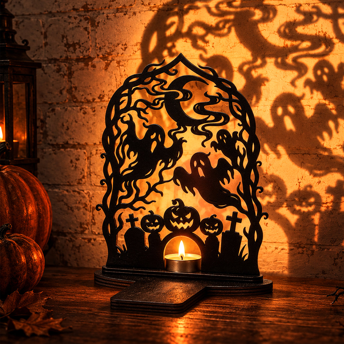 Halloween Ghost Night Wooden Candle Holder