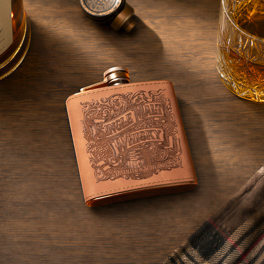 Engraved Vintage-Style Leather Whiskey Flask