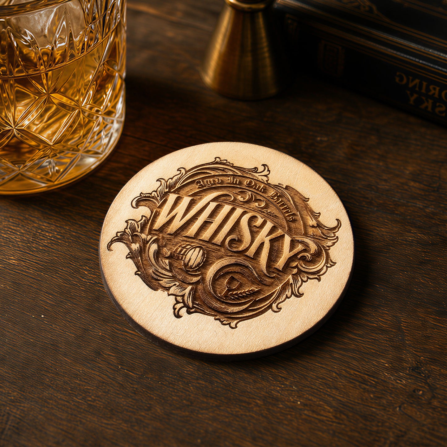 Engraved wooden whiskey coaster