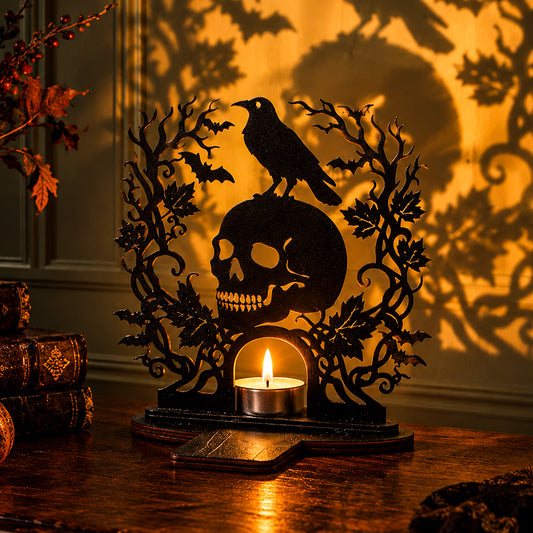 Halloween Raven Skeleton Wooden Candle Holder