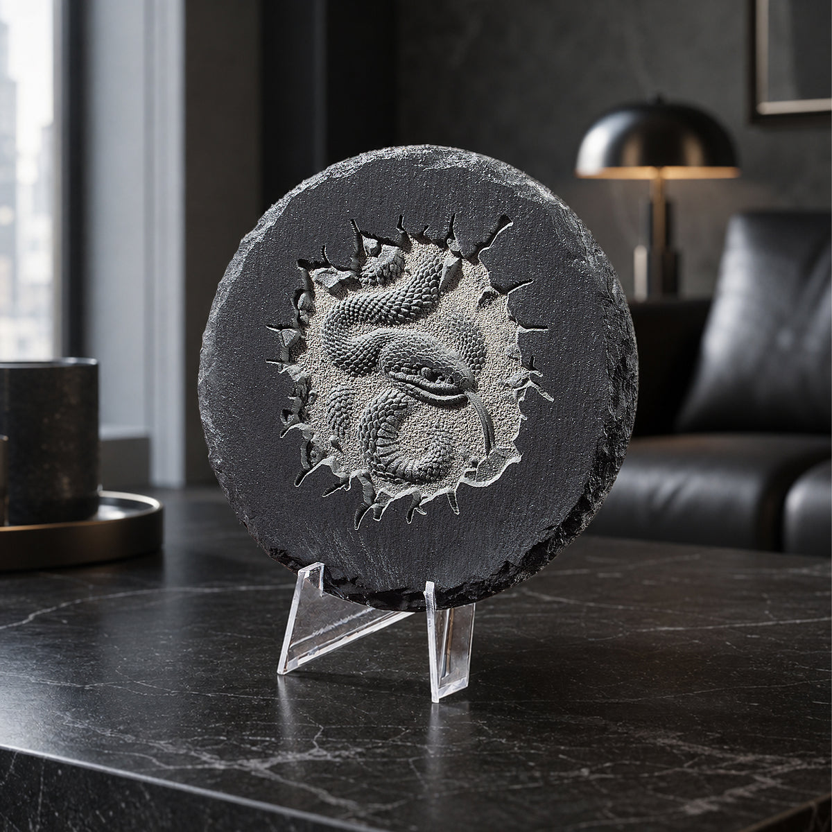 Rattlesnake stone coaster relief engraving
